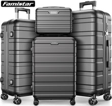 Load image into Gallery viewer, A set of four black Famistar hardside luggage suitcases with spinner wheels and TSA locks, including a 14-inch, a 20-inch, a 24-inch, and a 28-inch case.