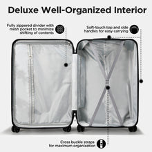 Load image into Gallery viewer, A set of four black Famistar hardside luggage suitcases with spinner wheels and TSA locks, including a 14-inch, a 20-inch, a 24-inch, and a 28-inch case. Well-organized interior