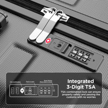 Load image into Gallery viewer, A set of four black Famistar hardside luggage suitcases with spinner wheels and TSA locks, including a 14-inch, a 20-inch, a 24-inch, and a 28-inch case. worry-free passing customs