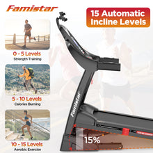 Load image into Gallery viewer, Famistar Foldable Incline Treadmill for Home, 300lbs Capacity, 4.5HP&10MPH, Electric Treadmill w/ 15 Levels Auto Incline, APP Control&Stereo Bluetooth, 64 Preset Programs, Brushless Motor Ultra Silent